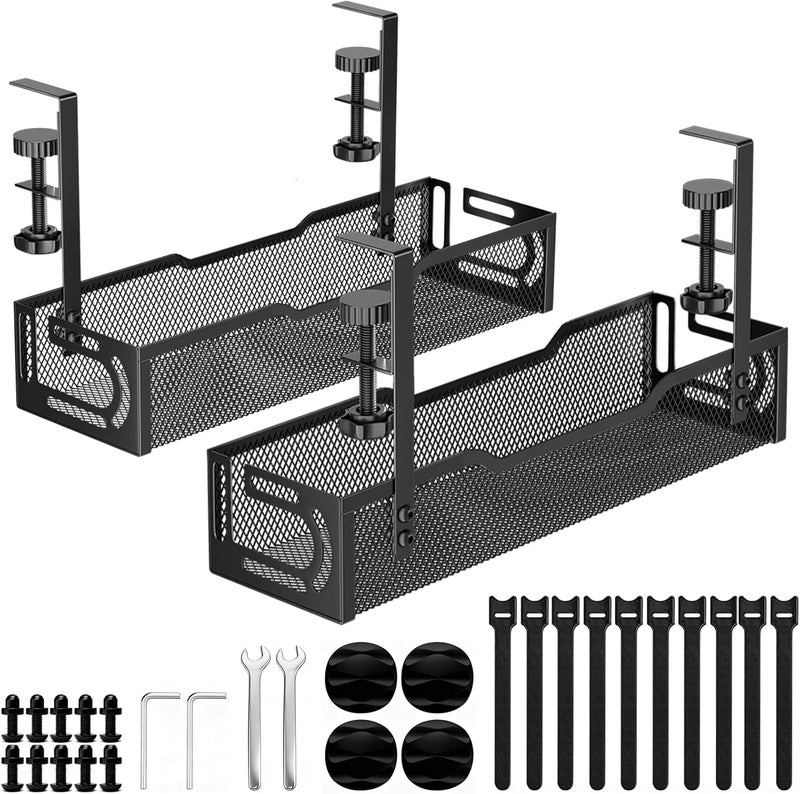 Ucanng 2Pack Under Desk Cable Management Tray, No Drill Mesh Desk Cable Tray, Wire Management Tray Cable Management Rack, Wire Organizer and Cable Management Box (Black) - Image 1